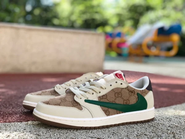 низкие кеды aj1 barb Gucci бежево-коричневые Travis Scott x Nike Air Jordan 1 низкие кроссовки GUCCI Low AJ1 Joint TS Joint barb DM7