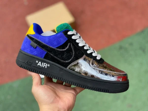 Кроссовки Air Force LV, серебристый, черный, синий, низкий xp, оригинал, Louis Vuitton x Nike Air Force 1 Low, низкие кроссовки на шнуровке, черно-белые, совместный бренд L