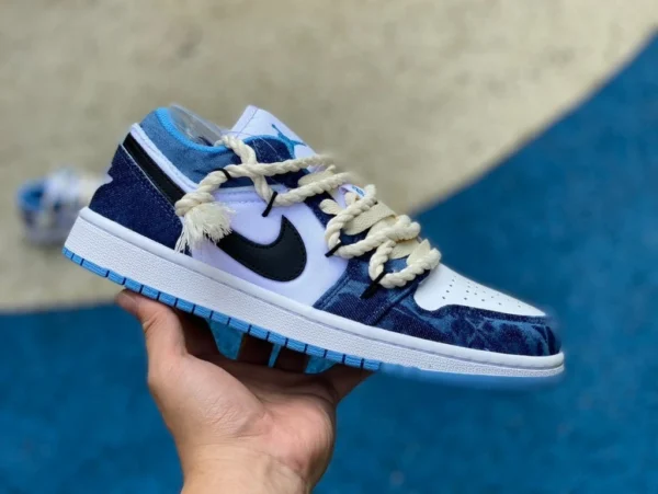 aj1 из стираного денима с ремешками Air Jordan 1 Low AJ1 бело-синие джинсовые баскетбольные кроссовки DM8947-100