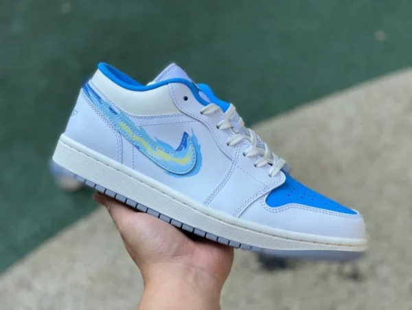 Aj1 бело-синий крючок с ручной росписью чистый оригинальный Air Jordan 1 Low AJ1 бело-синий баскетбольные кроссовки с низким берцем в стиле ретро FJ7219-441