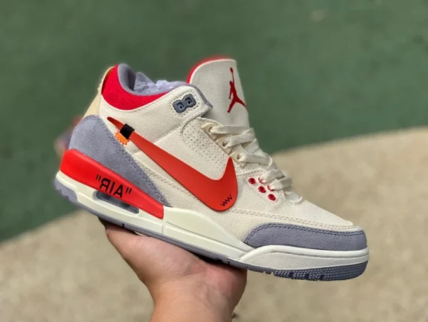 aj3 холст белый красный ow Joint OFF-WHITE x Air Jordan 3 AJ3 хлопковый потертый кремовый топ средней длины DH7139-100