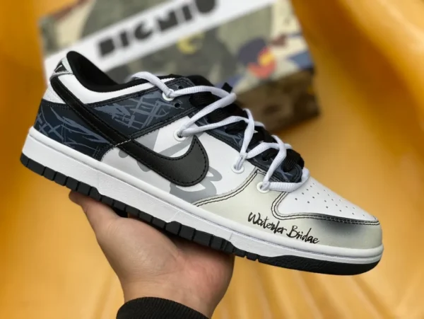 Ремни Dunk расстегнуты Nike Dunk Low BIGNIU городская тема душа сломанный синий мостик ручная роспись окрашенная распылением специальная коробка для обуви низкие кроссовки GS черно-белые