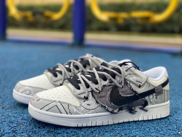 Ремешки Dunk без крючков, белый серый Nike Dunk Low, джинсовая ткань с цветочной вышивкой кешью, деконструированные граффити, универсальные модные кроссовки с низким вырезом, мужские серые, черно-белые DJ6188-101